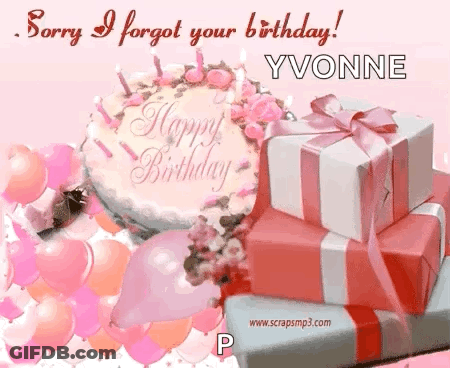 A Birthday Card For Yvonne With A Cake And Balloons GIF