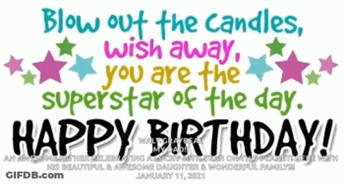 A Birthday Card That Says " Blow Out The Candles Wish Away You Are The Superstar Of The Day Happy Birthday " GIF