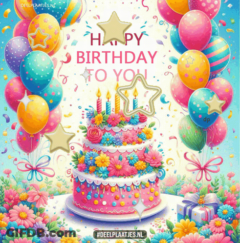 A Birthday Card That Says Happy Birthday To You With A Cake And Balloons GIF