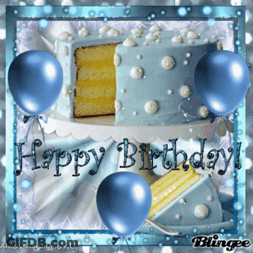 A Birthday Card With A Blue Cake And Balloons GIF
