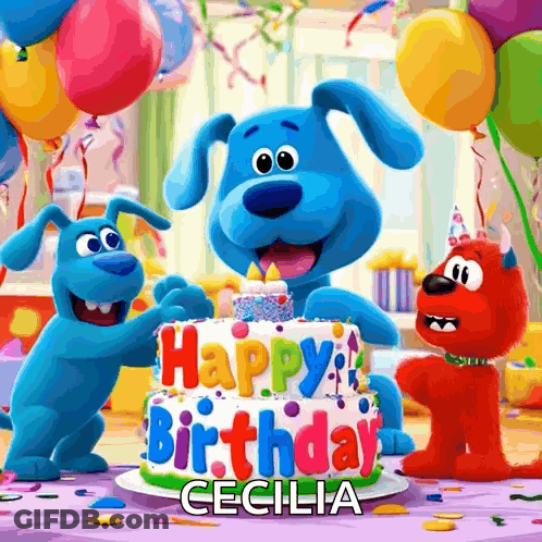 A Birthday Card With A Blue Dog And A Red Dog GIF
