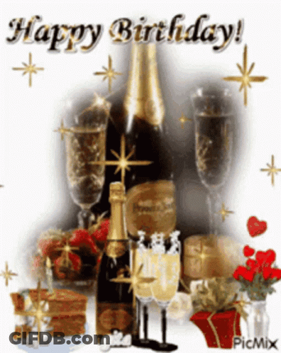 A Birthday Card With A Bottle Of Champagne And Glasses Of Champagne GIF