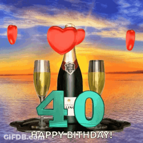 A Birthday Card With A Bottle Of Champagne And Two Glasses And The Number 40 GIF
