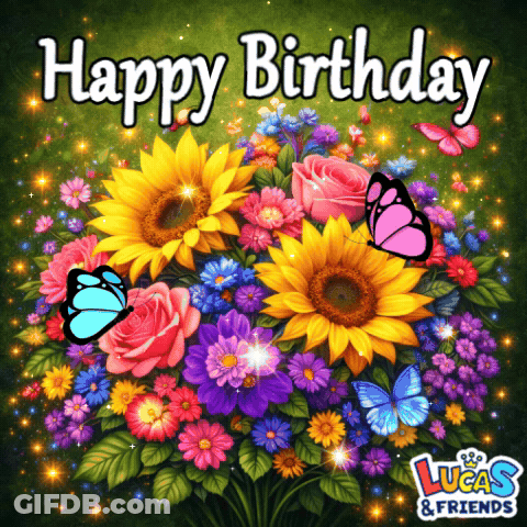 A Birthday Card With A Bouquet Of Flowers And Butterflies GIF