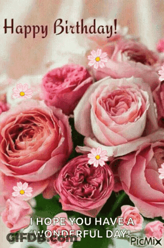 A Birthday Card With A Bouquet Of Pink Roses On It GIF