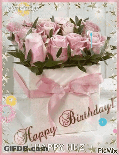 A Birthday Card With A Box Of Pink Roses And The Words Happy Birthday GIF