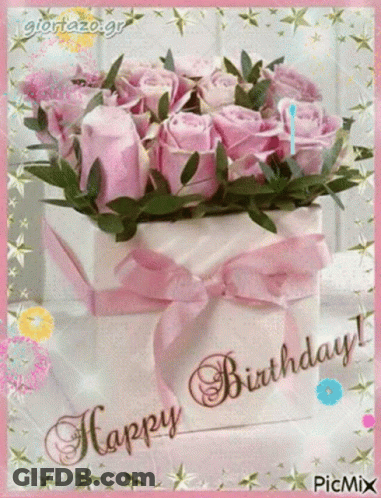 A Birthday Card With A Box Of Pink Roses And The Words Happy Birthday GIF