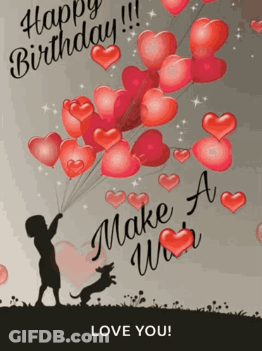 A Birthday Card With A Boy Holding A Bunch Of Heart Shaped Balloons And A Dog Jumping In The Air GIF