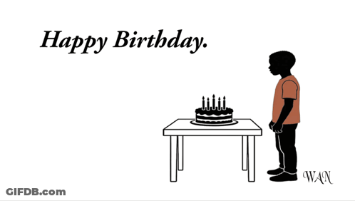 A Birthday Card With A Boy Standing In Front Of A Cake And The Words Happy Birthday I Wish You Many More GIF