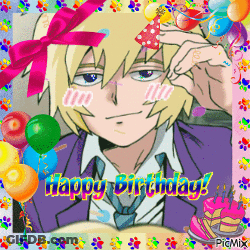 A Birthday Card With A Boy Wearing A Party Hat GIF
