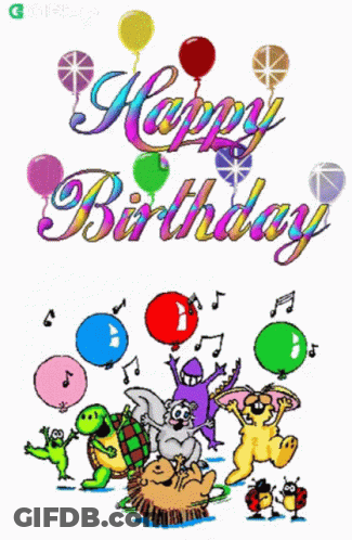 A Birthday Card With A Bunch Of Animals And Balloons GIF