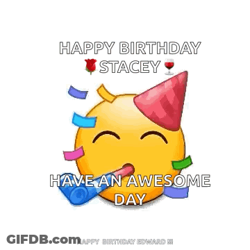 A Birthday Card With A Bunch Of Smiley Faces Wearing Party Hats And Blowing Party Horns GIF