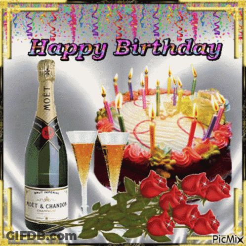 A Birthday Card With A Cake A Bottle Of Moet And Champagne GIF