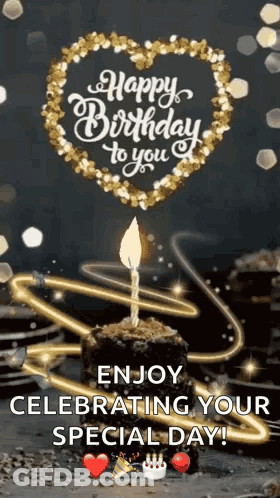 A Birthday Card With A Cake And A Candle On It . GIF