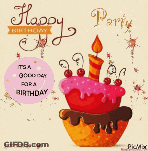 A Birthday Card With A Cake And A Candle That Says Happy Birthday It 'S A Good Day For A Birthday GIF