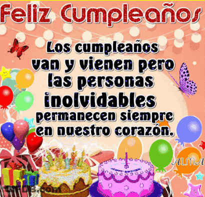 A Birthday Card With A Cake And Balloons And The Words Feliz Cumpleanos GIF