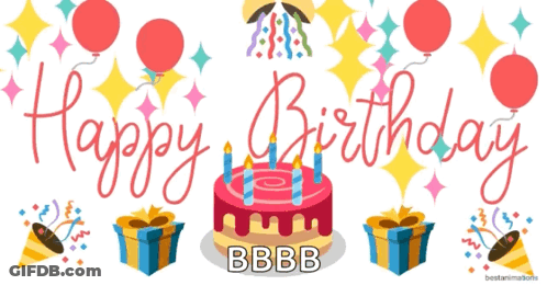 A Birthday Card With A Cake And Balloons Says Happy Birthday Bbb GIF