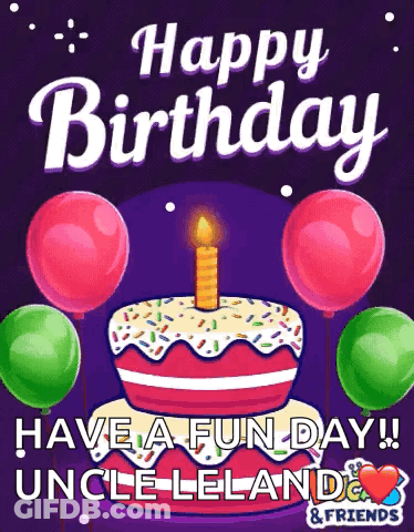 A Birthday Card With A Cake And Balloons That Says Happy Birthday Have A Fun Day Uncle Leland GIF