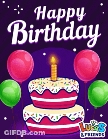 A Birthday Card With A Cake And Balloons That Says Lucas & Friends GIF