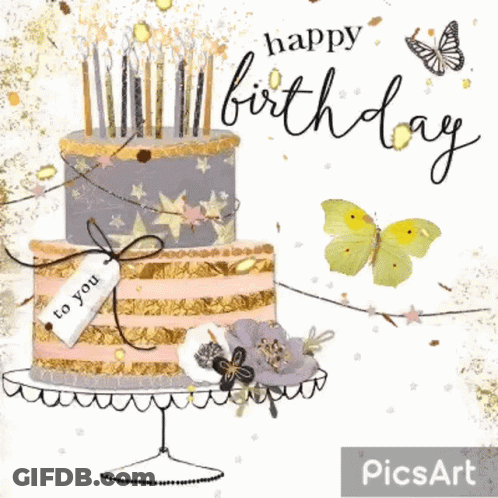 A Birthday Card With A Cake And Candles And Butterflies . GIF
