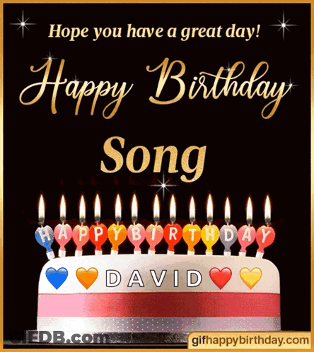 A Birthday Card With A Cake And Candles That Says Happy Birthday Song David GIF