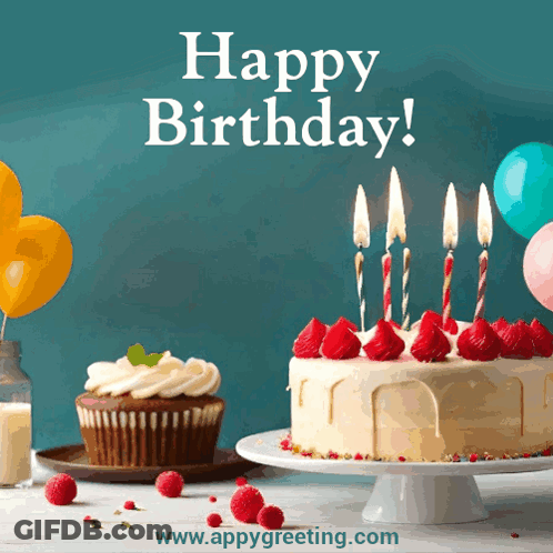 A Birthday Card With A Cake And Cupcakes And The Words Happy Birthday GIF
