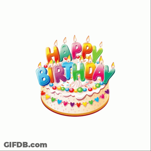 A Birthday Card With A Cake And The Words Happy Birthday GIF