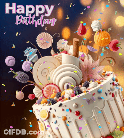 A Birthday Card With A Cake And The Words Happy Birthday On It GIF