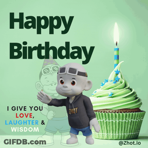 A Birthday Card With A Cartoon Character And A Cupcake With A Candle GIF