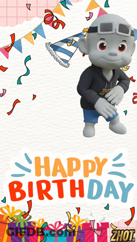 A Birthday Card With A Cartoon Character And The Words Happy Birthday GIF
