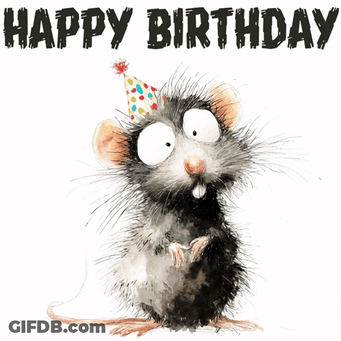 A Birthday Card With A Cartoon Mouse Wearing A Party Hat GIF