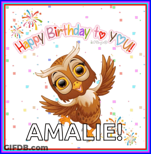 A Birthday Card With A Cartoon Owl And The Name Amalie GIF