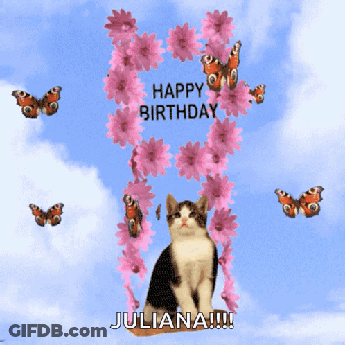 A Birthday Card With A Cat And Butterflies And The Name Juliana GIF