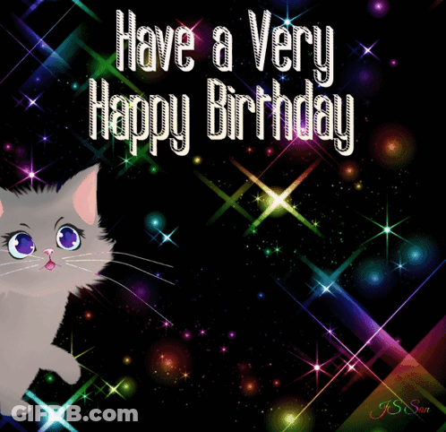 A Birthday Card With A Cat And The Words Have A Very Happy Birthday On It GIF