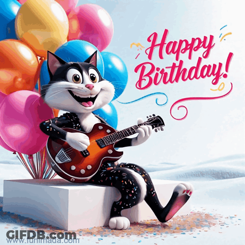 A Birthday Card With A Cat Playing A Guitar And The Words Happy Birthday GIF