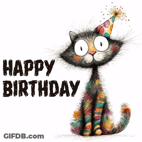 A Birthday Card With A Cat Wearing A Party Hat And Glasses GIF
