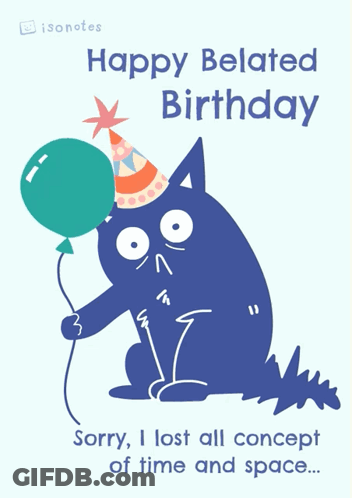 A Birthday Card With A Cat Wearing A Party Hat And Holding A Balloon GIF