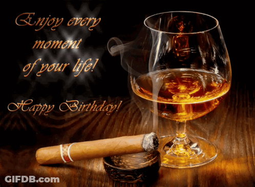 A Birthday Card With A Cigar And A Glass Of Cognac GIF