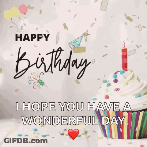 A Birthday Card With A Cupcake And A Candle And The Words `` I Hope You Have A Wonderful Day '' . GIF