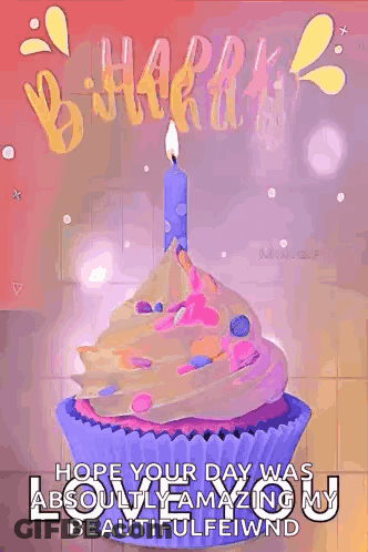 A Birthday Card With A Cupcake And A Candle . GIF