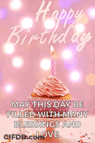 A Birthday Card With A Cupcake And A Candle That Says " May This Day Be Filled With Many Blessings And Love " GIF