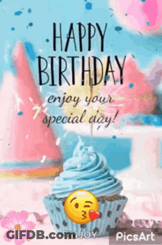 A Birthday Card With A Cupcake And A Smiley Face On It GIF