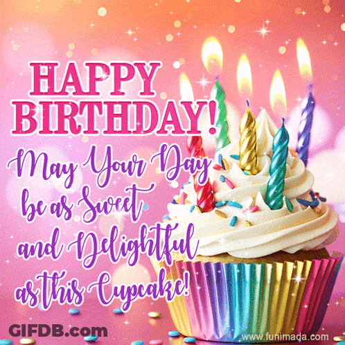 A Birthday Card With A Cupcake And Candles That Says " May Your Day Be As Sweet And Delightful As This Cupcake " GIF