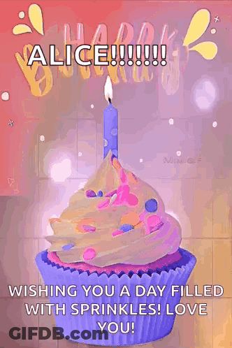 A Birthday Card With A Cupcake With A Candle And Sprinkles On It . GIF