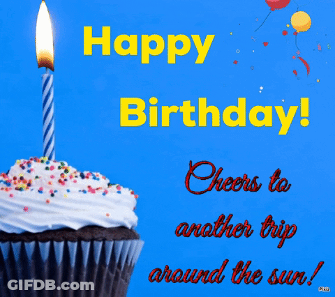 A Birthday Card With A Cupcake With A Candle And The Words Happy Birthday Cheers To Another Trip Around The Sun GIF