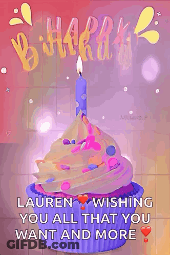A Birthday Card With A Cupcake With A Candle And The Words Lauren Wishing You All That You Want And More GIF
