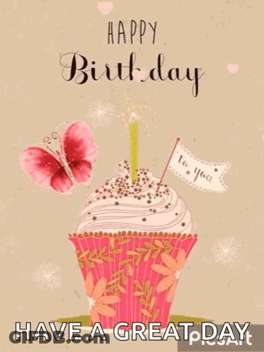 A Birthday Card With A Cupcake With A Candle On Top GIF