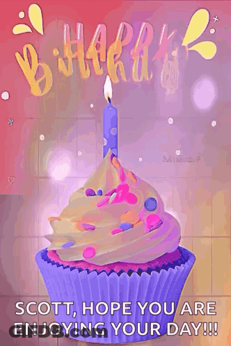 A Birthday Card With A Cupcake With A Candle On Top And The Words `` Scott , Hope You Are Enjoying Your Day !! '' GIF