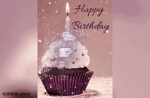 A Birthday Card With A Cupcake With A Lit Candle GIF