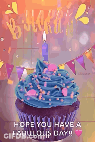 A Birthday Card With A Cupcake With Blue Frosting And A Lit Candle GIF